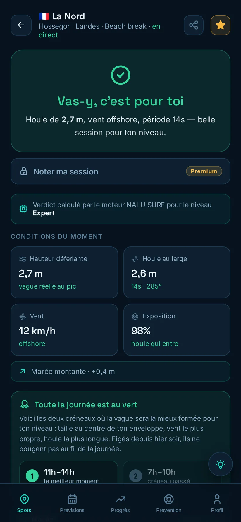 Fiche du spot La Nord dans NALU SURF : le verdict « Vas-y, c'est pour toi » en vert, suivi de la hauteur à la déferlante, de la période, du vent et de l'exposition.